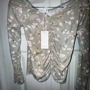 Floral Ruched Women Top - Green and Pink